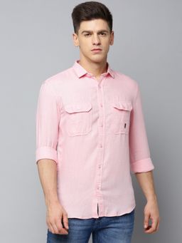 SHOWOFFFF - Men Spread Collar Self Design Pink Slim Fit Shirt