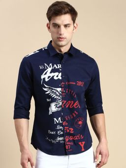 SHOWOFFFF - Men Spread Collar Navy Blue Slim Fit Printed Shirt