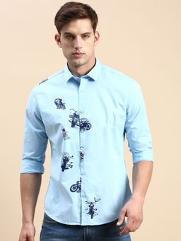 SHOWOFFFF - Men Spread Collar Blue Slim Fit Printed Shirt