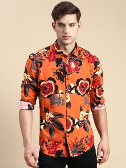 SHOWOFF - Men Spread Collar Orange Slim Fit Printed Shirt