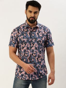 SHOWOFF - Men Spread Collar Printed Blue Slim Fit Shirt