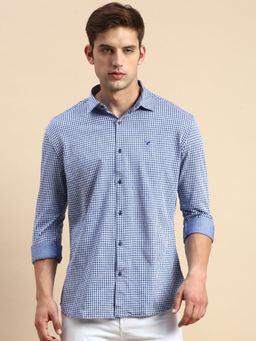 SHOWOFFFF - Men Spread Collar Checked Navy Blue Slim Fit Shirt