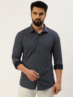 SHOWOFFFF - Men Spread Collar Printed Navy Blue Slim Fit Shirt