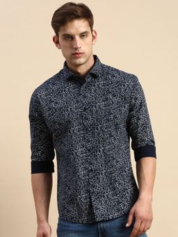 SHOWOFF - Men Spread Collar Printed Navy Blue Slim Fit Shirt