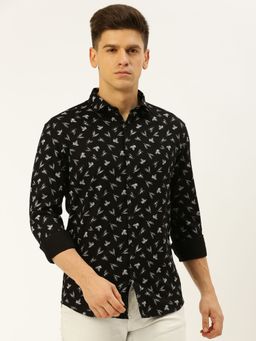 SHOWOFF - Men Spread Collar Printed Black Slim Fit Shirt