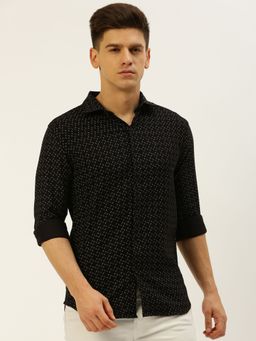 SHOWOFFFF - Men Spread Collar Printed Black Slim Fit Shirt
