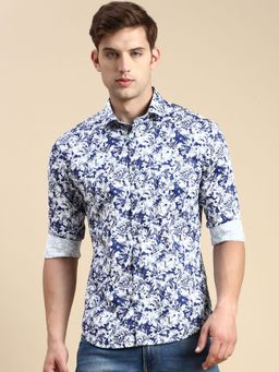 SHOWOFF - Men Spread Collar Blue Slim Fit Printed Shirt