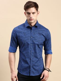 SHOWOFFFF - Men Spread Collar Blue Slim Fit Printed Shirt