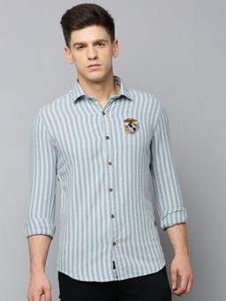 SHOWOFFFF - Men Spread Collar Striped Blue Slim Fit Shirt