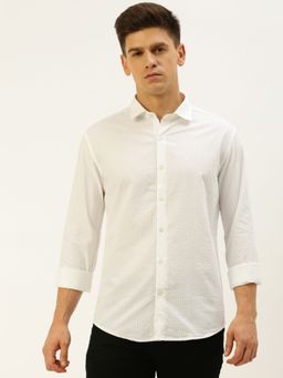 SHOWOFFFF - Men Spread Collar Stripes White Slim Fit Shirt