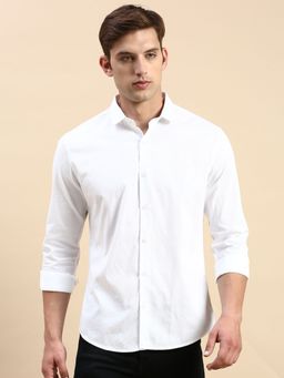 SHOWOFF - Men Spread Collar Self Design White Slim Fit Shirt
