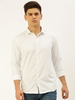SHOWOFFFF - Men Spread Collar Self Design White Slim Fit Shirt