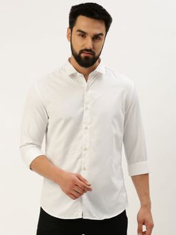 SHOWOFFFF - Men Spread Collar Self Design White Slim Fit Shirt