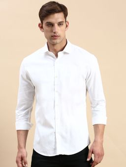 SHOWOFFFF - Men Spread Collar Self Design White Slim Fit Shirt