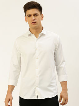 SHOWOFFFF - Men Spread Collar Self Design White Slim Fit Shirt