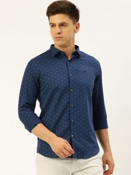 SHOWOFF - Men Spread Collar Printed Navy Blue Slim Fit Shirt