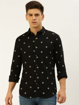 SHOWOFF - Men Spread Collar Printed Black Slim Fit Shirt