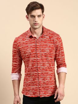 SHOWOFFFF - Men Spread Collar Red Slim Fit Printed Shirt