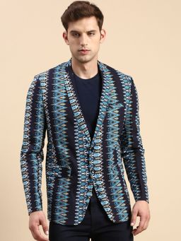 SHOWOFFFF - Men Single Breasted Navy Blue Printed Slim Fit Blazer