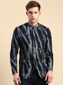 SHOWOFF - Men Printed Mandarin Collar Slim Fit Bandhgala Navy Blue Blazer