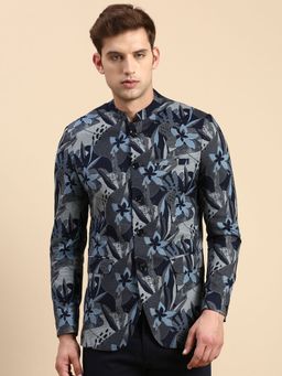 SHOWOFF - Men Printed Mandarin Collar Slim Fit Bandhgala Navy Blue Blazer