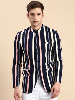 SHOWOFFFF - Men Striped Mandarin Collar Slim Fit Bandhgala Navy Blue Blazer