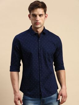 SHOWOFFFF - Men Spread Collar Printed Navy Blue Slim Fit Shirt