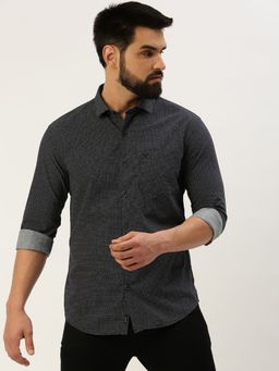 SHOWOFFFF - Men Spread Collar Printed Navy Blue Slim Fit Shirt