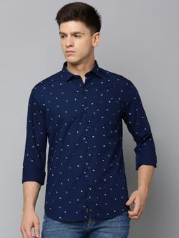 SHOWOFFFF - Men Spread Collar Printed Navy Blue Slim Fit Shirt