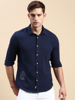 SHOWOFFFF - Men Spread Collar Navy Blue Slim Fit Printed Shirt