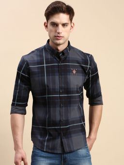 SHOWOFF - Men Navy Blue Slim Fit Checked Shirt