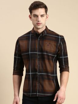SHOWOFFFF - Men Coffee Brown Slim Fit Checked Shirt