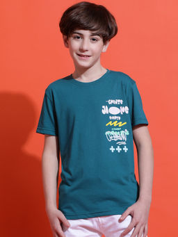 Lil Tomatoes - Boys Teal Typography Cotton T-Shirt