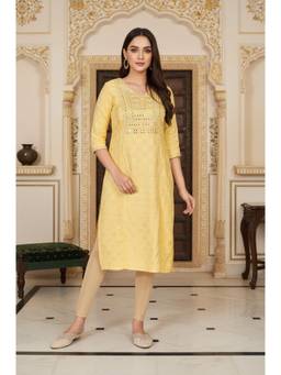 Aurelia - Womens Yellow Mirror Work Straight Shantung Kurta