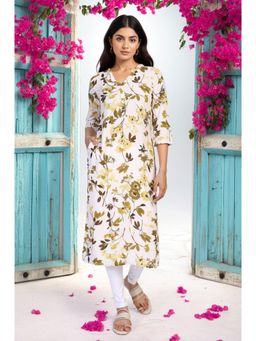Aurelia - Womens Floral Print Buttons Straight Modal Kurta