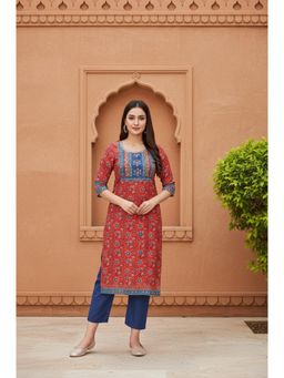 Aurelia - Womens Red Floral Printed Straight Cotton Kurta