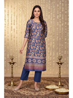 Aurelia - Womens Blue Floral Printed Straight Japanese Satin Kurta