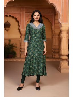 Aurelia - Womens Green Abstract Printed Embroidered A-Line Kurta