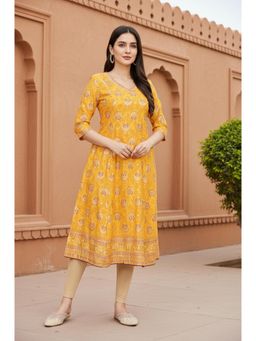Aurelia - Womens Yellow Floral Printed A-Line Rayon Kurta