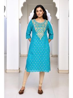 Aurelia - Womens Teal Floral Sequined Straight Kurta