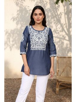 Aurelia - Womens Blue Floral Embroidered Straight Lyocell Tunic