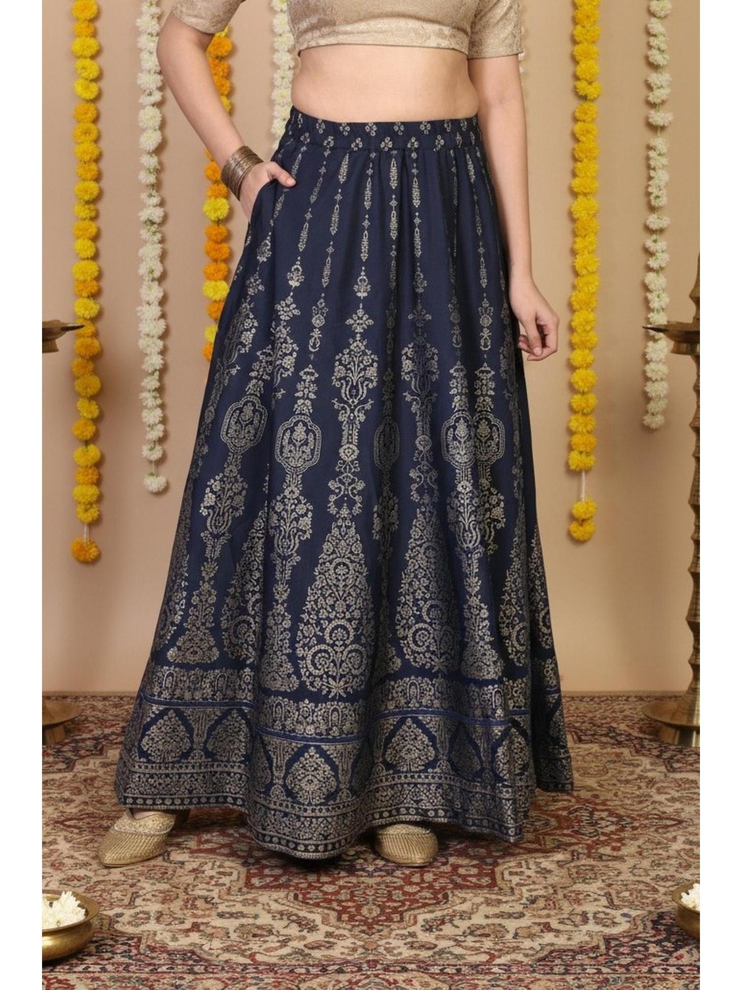 Womens Navy Blue Floral Foil Print Flared Crepe Skirt-image-33