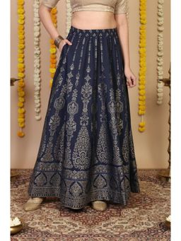 Aurelia - Womens Navy Blue Floral Foil Print Flared Crepe Skirt