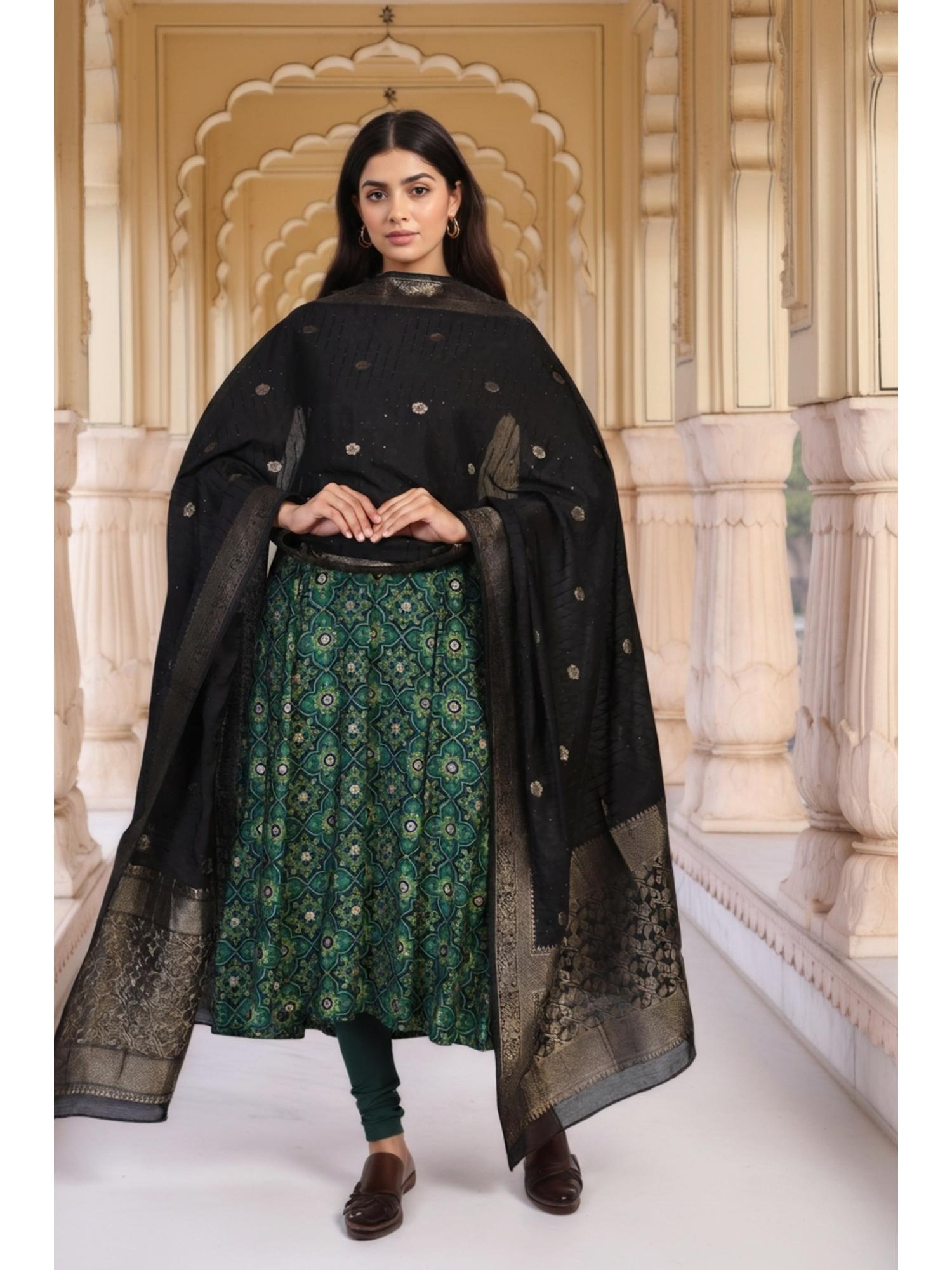 aurelia Womens Black Floral Jacquard Zari Work Dupatta-picture-10