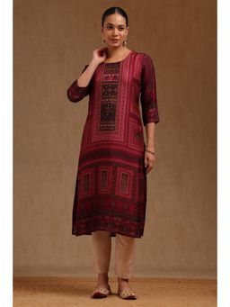 Soch - Womens Magenta Russian Silk Ethnic Motifs Kurta With Mirror And Pearl