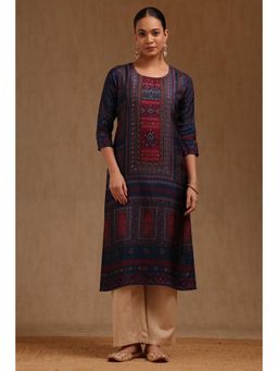 Soch - Womens Navy Blue Russian Silk Ethnic Motifs Kurta With Mirror And Pearl