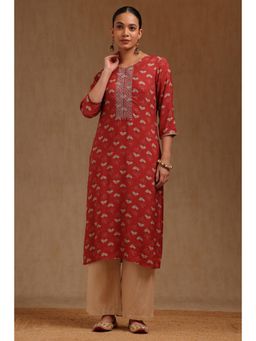 Soch - Womens Rust Muslin Floral Print Kurta With Zari