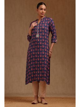 Soch - Womens Blue Muslin Floral Print Kurta With Faux Mirror
