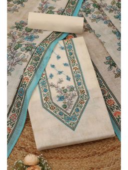 Soch - Womens Blue Linen Floral Print Unstiched Dress Material With Thread Work