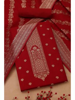 Soch - Womens Maroon Russian Silk Unstitch Dress Material With Zari Woven